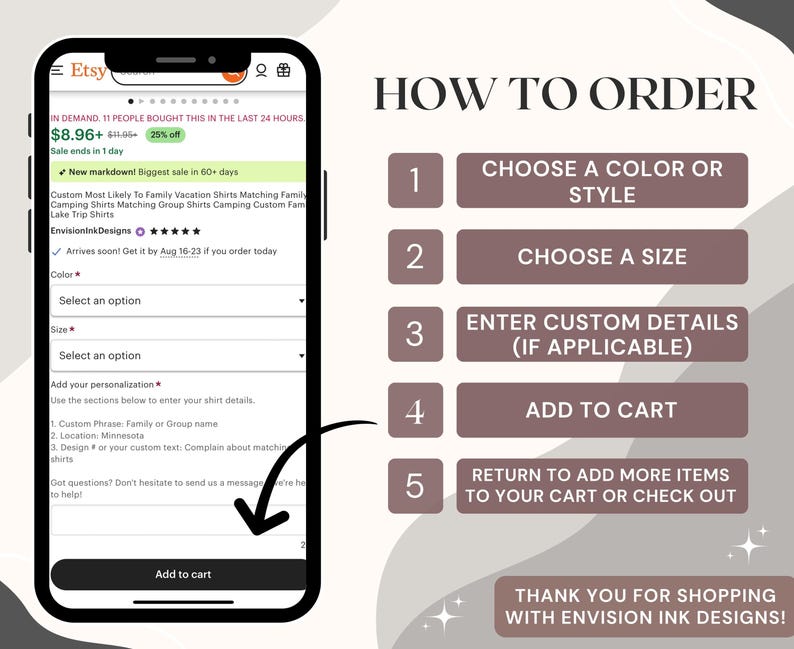 K&ouml;nnte beinhalten: Ein Screenshot eines Etsy-Listings f&uuml;r personalisierte Familienurlaubs-Shirts. Die Liste enth&auml;lt eine Schritt-f&uuml;r-Schritt-Anleitung zur Bestellung, einschlie&szlig;lich der Auswahl einer Farbe oder eines Stils, der Gr&ouml;&szlig;e und der Eingabe von benutzerdefinierten Details. Die Liste enth&auml;lt auch eine Dankesnachricht f&uuml;r den Einkauf bei Envision Ink Designs.