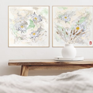 Japanese Gallery Wall Set · Neutral Wall Art · Set of 2 Prints, Japanese Art Print, Japandi Decor, Asian Flower Print, White Flower Painting