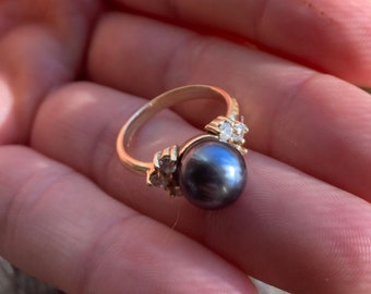 Vintage Black Pearl, Gold, and Diamond Ring