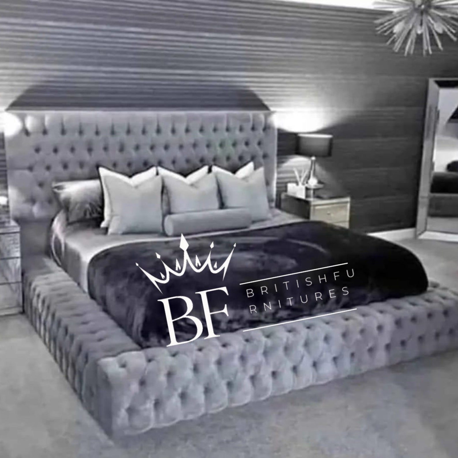 King Bed Frame, Hugo Chesterfield Wingback Studded, 5ft Bed Frame