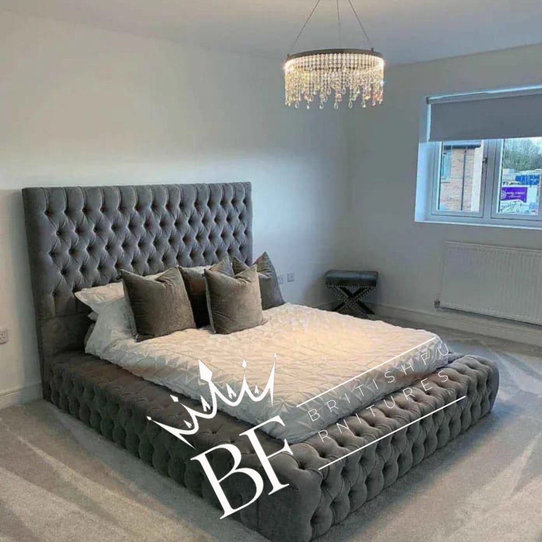 Velvet King Bed Frame, Chesterfield Wingback Studded Bed Frame Luxury