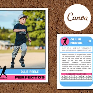 Carta collezionabile da baseball personalizzabile con strisce retrò blu rosa / modello Canva modificabile / file digitale con download istantaneo fai da te