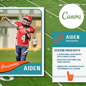 Klassische, anpassbare Fußball-Sammelkarte Petrol und Orange | Bearbeitbares Canva Template | DIY Sofort Download Digitale Datei