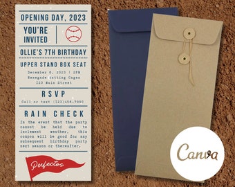 Classic Nostalgic Retro Baseball Ticket Themed Birthday Party Invitation | Editable Canva Template | DIY Instant Download Digital File