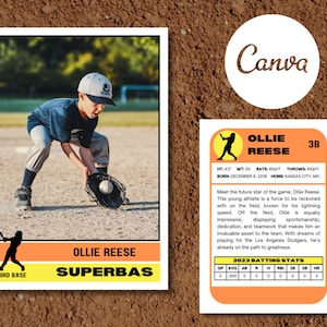 Carta collezionabile di baseball personalizzabile retrò arancione e giallo degli anni '70 / Modello Canva modificabile / File digitale download istantaneo fai da te
