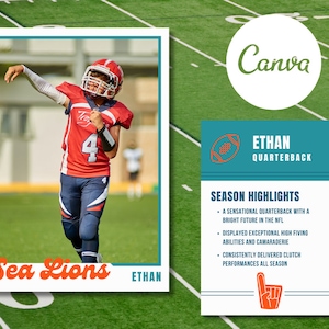 Classic Script Anpassbare Sammler Fußball Sammelkarte Petrol und Orange | Bearbeitbares Canva Template | DIY Sofort Download Digitale Datei