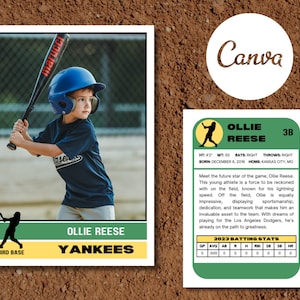 Carta collezionabile da baseball personalizzabile retrò in oro verde a strisce stile anni '70 / Modello Canva modificabile / File digitale per il download istantaneo fai da te