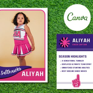 Classic Customizable Collectible Cheerleading Trading Card Pink and Purple | Editable Canva Template | DIY Instant Download Digital File