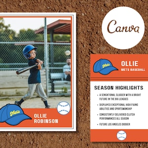 Carta collezionabile baseball personalizzabile con berretto stile anni '80 Arancione Blu / Modello Canva modificabile / File digitale download immediato fai da te
