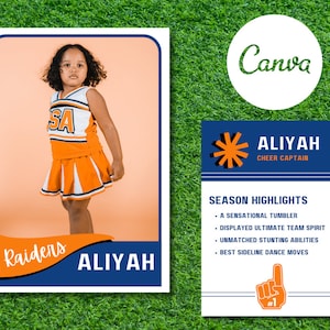 Classic Customizable Collectible Cheerleading Trading Card Orange and Blue | Editable Canva Template | DIY Instant Download Digital File