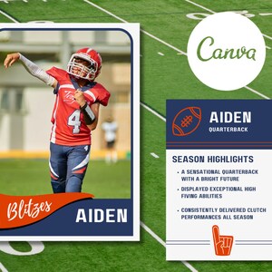Classic Customizable Collectible Football Trading Card Blue and Orange | Editable Canva Template | DIY Instant Download Digital File