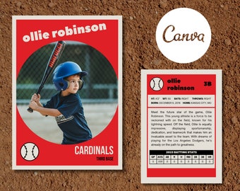 May include: A baseball card design featuring a young baseball player, Ollie Robinson, in a blue helmet and holding a bat. The card has a red background with the text "Ollie Robinson" and "Cardinals". The card also includes player stats.