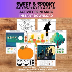 Süßes und Gruseliges Halloween zum Ausschneiden und Einfügen zum Ausdrucken / Ausdrucken Arbeitsblätter / Vorschulkindergarten Erste Klasse / Feinmotorik