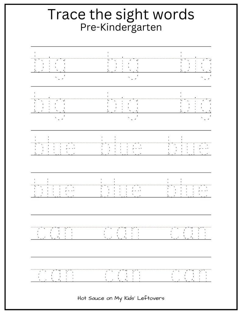 Prek and K Sight Word Tracing Printable Worksheets / Preschool and