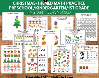 Merry Math Christmas Workbook / Math Activity Printable Worksheets / Preschool Kindergarten First Grade / Math Worksheets / Number Practice