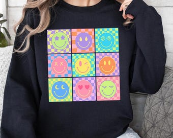 Checkered Smile Face Sweatshirt, Cute Smile Face Sweater, Preppy Girl Pullover