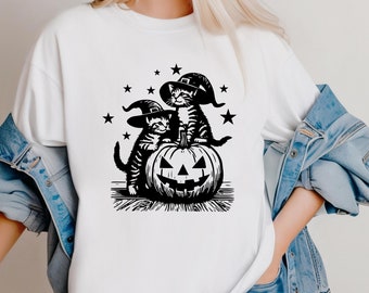 Comfort Colors Halloween Cat T-Shirt: Black Cats on Pumpkin