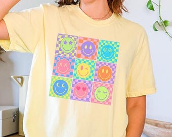 Comfort Colors Checkered Smile Face Shirt, Cute Smile Face Gift, Preppy Girl Gift
