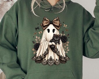 Coquette Ghost Kitten Hoodie, Black Cat Halloween Hoodie, Vintage Gothic Rose Ghost Pullover, Cute Spooky Season Top