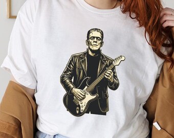 Rockstar Frankenstein Shirt, Funny Guitar Halloween T-Shirt, Frankenstein Playing Guitar Tee, Cool Horror Musician Gift