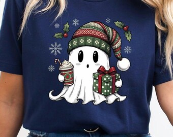 Christmas Ghost T-Shirt, Spooky Season Holiday Shirt, Cute Christmas Coffee Tee, Retro Spooky Xmas Tee