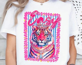 Easy Tiger T-Shirt, Pink Tiger Graphic Tee, Preppy Aesthetic Shirt, Retro Maximalist Streetwear, Tropical Beach Outfit