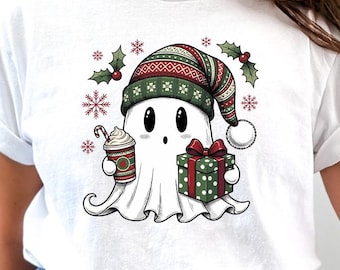 Comfort Colors Spooky Christmas Shirt, Cute Ghost Christmas TShirt, Christmas Iced Coffee Tee, Spooky Holiday Gift, Xmas Ghost Shirt
