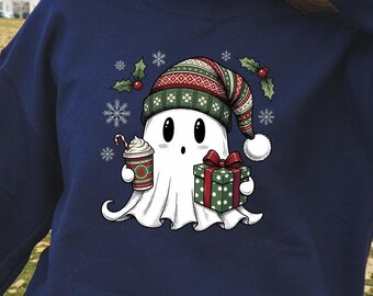 Spooky Christmas Sweatshirt, Cute Ghost Christmas Sweatshirt, Christmas Iced Coffee Pullover, Spooky Holiday Gift, Retro Xmas Ghost Top