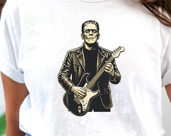 Comfort Colors Rockstar Frankenstein Shirt, Funny Guitar Halloween T-Shirt, Frankenstein Playing Guitar Tee, Cool Horror Musician Gift