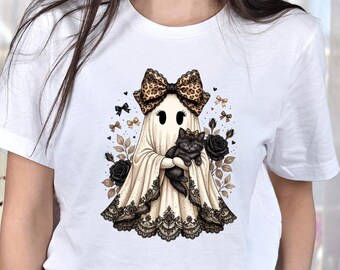 Coquette Ghost Kitten Shirt, Black Cat Halloween T-Shirt, Vintage Gothic Rose Ghost Tee, Cute Spooky Season Top