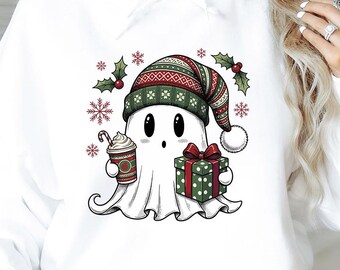 Spooky Christmas Hoodie, Cute Ghost Christmas Hoodie, Christmas Iced Coffee Pullover, Spooky Holiday Gift, Retro Xmas Ghost Top