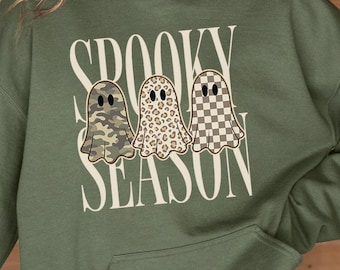 Cute Spooky Season Hoodie, Leopard Print Ghost Hoodie, Camo Checkered Ghost Pullover, Fall Season Top