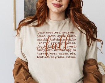 Cozy Fall Words Shirt, Autumn Season Typography T-Shirt, Pumpkin Patch Apparel, Cute Thanksgiving Shirt, Fall Vibes Tee