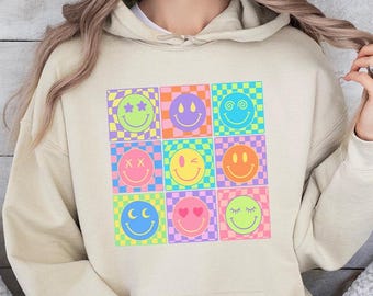 Checkered Smile Face Hoodie, Cute Smile Face Pullover, Preppy Girl Outfit