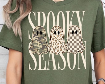 Cute Spooky Season T-Shirt, Leopard Print Ghost Shirt, Camo Checkered Ghost Tee, Fall Season Tee