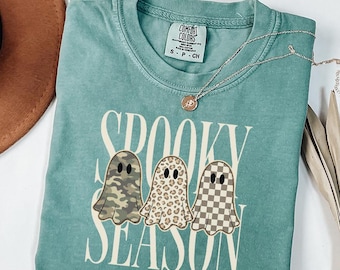 Comfort Colors Cute Spooky Season T-Shirt, Leopard Print Ghost Shirt, Camo Checkered Ghost Tee, Fall Season Tee