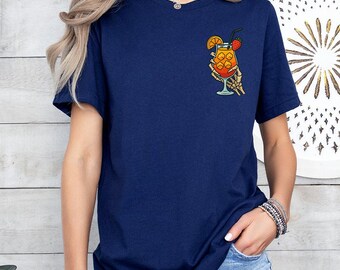 Funny Spooky Summer Shirt, Skeleton Hand Cocktail Tee, Summerween Graphic Top, Retro Beach Halloween Cocktail Shirt