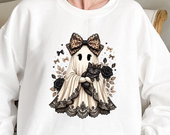 Coquette Ghost Kitten Sweatshirt, Black Cat Halloween Sweatshirt, Vintage Gothic Rose Ghost Pullover, Cute Spooky Season Top