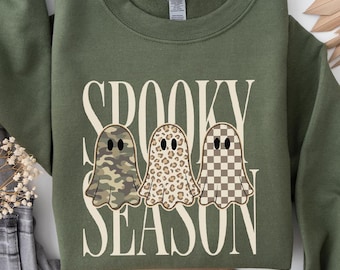 Cute Spooky Season Sweatshirt, Leopard Print Ghost Sweatshirt, Camo Checkered Ghost Pullover, Fall Season Top