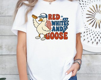 Red White and Goose TShirt, Funny Fourth of July Merica Duck Tee, Retro Patriotic Shirt For Independence Day