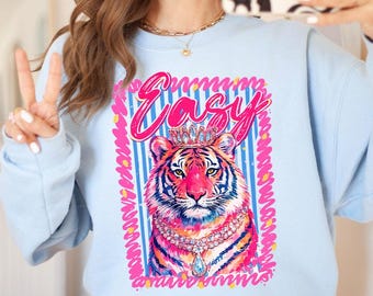 Easy Tiger Sweatshirt, Pink Tiger Graphic Sweatshirt, Preppy Aesthetic Sweater, Retro Maximalist Streetwear, Tropical Beach Outfit