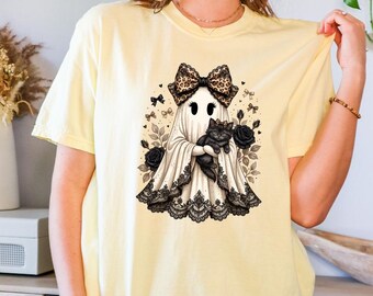 Comfort Colors Coquette Ghost Kitten Shirt, Black Cat Halloween T-Shirt, Vintage Gothic Rose Ghost Tee, Cute Spooky Season Top