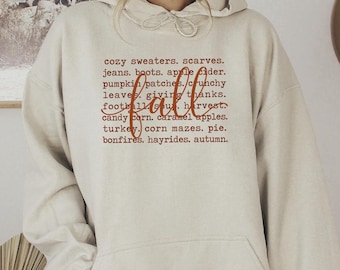 Cozy Fall Words Hoodie, Autumn Season Typography Hoodie, Pumpkin Patch Apparel, Cute Thanksgiving Pullover, Fall Vibes Top