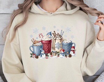 Cute Snowman Christmas Hoodie, Hot Cocoa Season Hoodie, Winter Holiday Pullover, Festive Coffee Lover Top