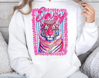 Easy Tiger Hoodie, Pink Tiger Graphic Hoodie, Preppy Aesthetic Pullover, Retro Maximalist Streetwear, Tropical Beach Outfit