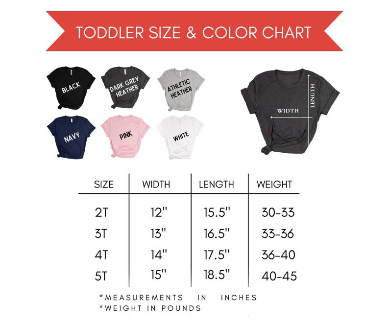 a toddler size and color chart for a t - shirt