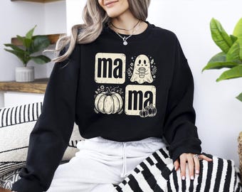 Retro Spooky Mama Halloween Sweatshirt, Cute Ghost Coffee Lover Sweatshirt, Fall Season Mama Pullover, Spooky Ghost Mom Gift