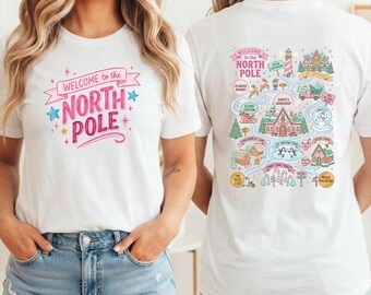 North Pole Map Shirt, Colorful Christmas Graphic Tee, Coquette Christmas Shirt, Preppy Holiday Merch, Xmas Gift