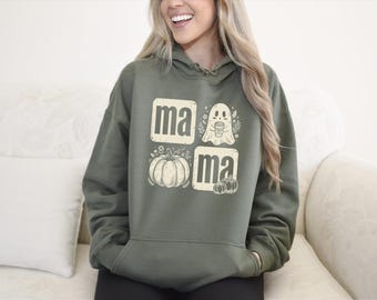 Retro Spooky Mama Halloween Hoodie, Cute Ghost Coffee Lover Hoodie, Fall Season Mama Pullover, Spooky Ghost Mom Gift