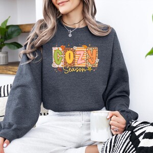 K&ouml;nnte beinhalten: Dunkelgraues Sweatshirt mit dem Schriftzug "COZY Season" in einem farbenfrohen, herbstlichen Design. Der Text befindet sich in einem rechteckigen Rahmen mit Herbstbl&auml;ttern und einem Karomuster. Das Sweatshirt hat lange &Auml;rmel.